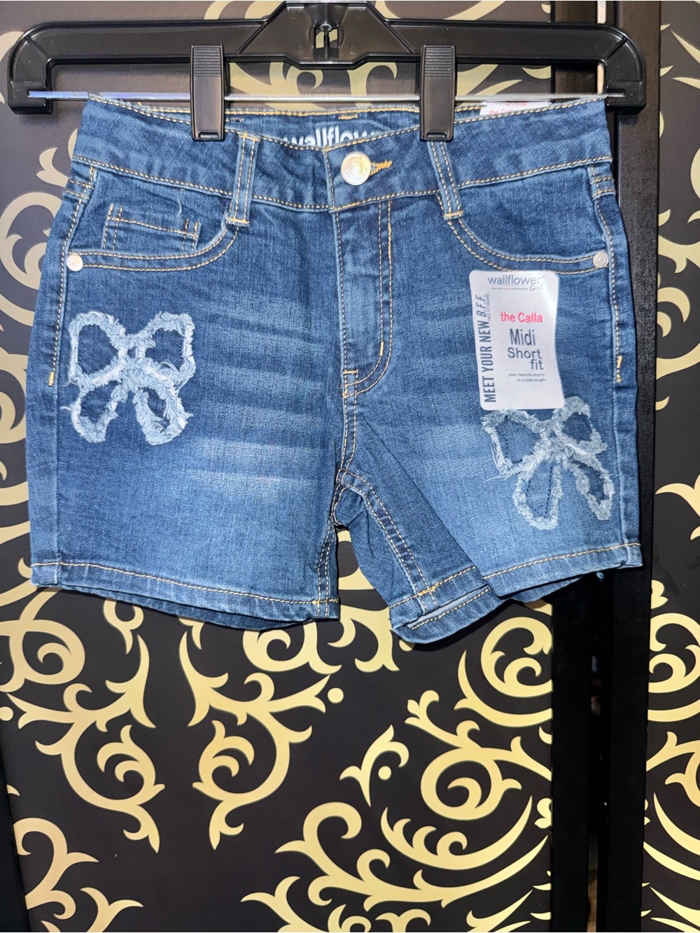 Wallflower Medium Blue Denim Girls' Shorts with Frayed Bow Accents